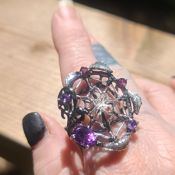 Amethyst & Garnet Sterling silver spiderweb ring sz8 - Picture 6 of 8